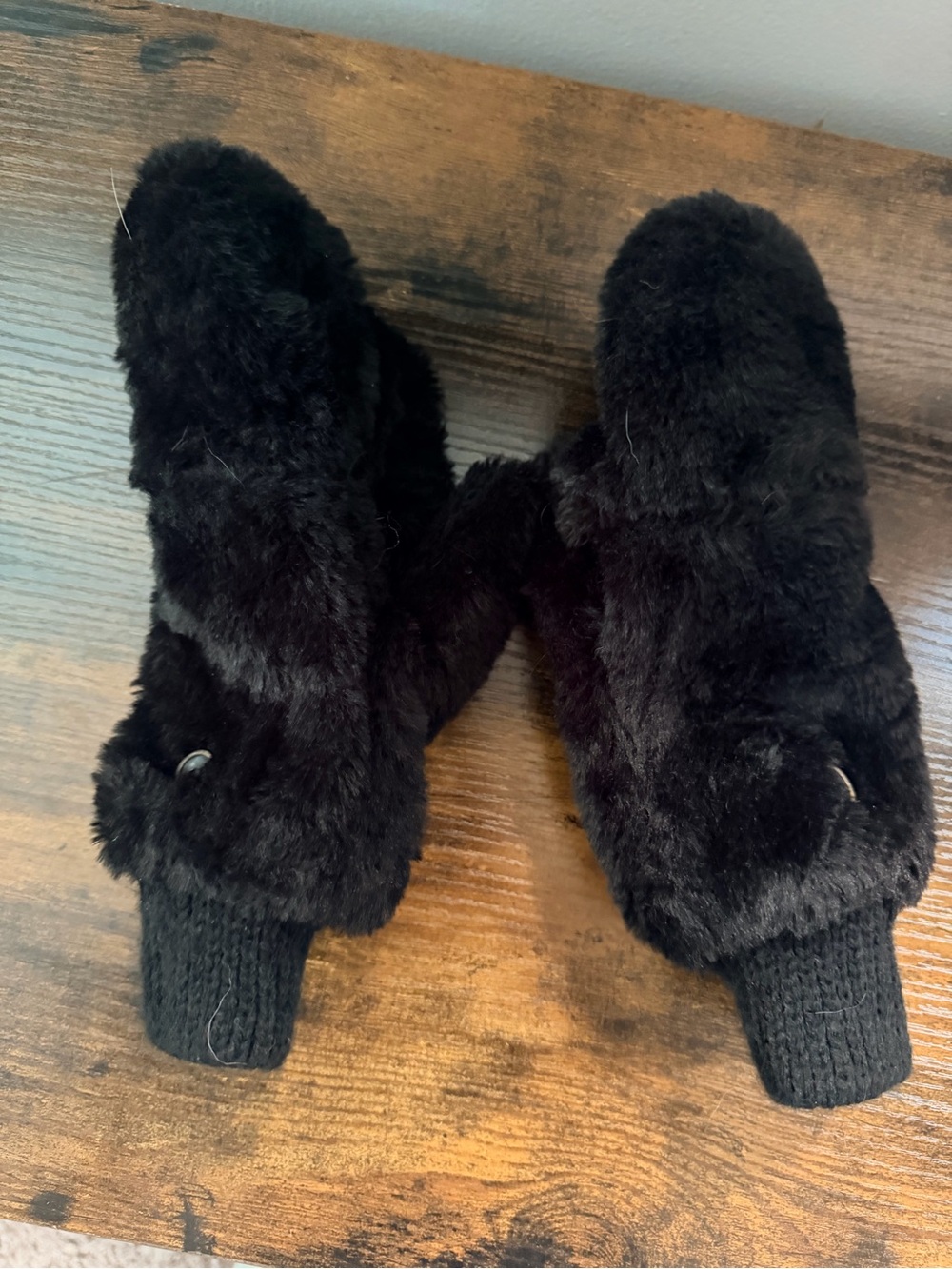 Black Faux Fur Mittens Women’s Plush Winter Gloves Knit Cuff